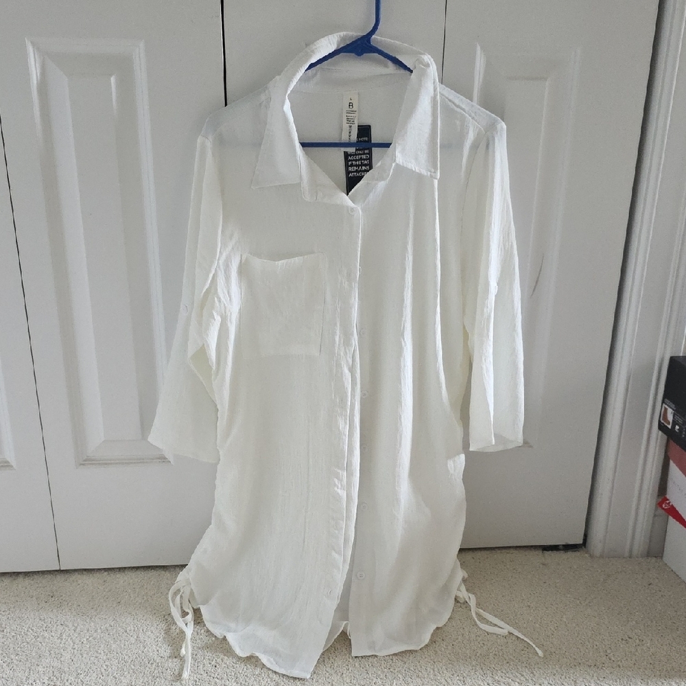 Off White Button-Up Cover-up Shirt with Side Ties